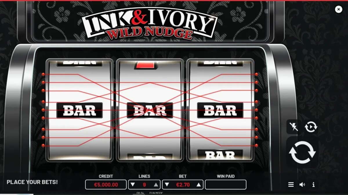 Tampilan visual minimalis slot Ink & Ivory dengan tema hitam putih yang elegan