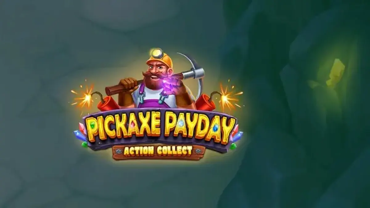 Tampilan visual mesin slot Pickaxe Payday dengan karakter penambang kartun dan latar belakang tambang emas.